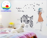 Decal dán tường xe đạp và cô gái lãng mạn