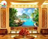 Tranh dán tường hòn đảo rừng dừa xanh bãi biển xanh bình yên, thư giản - in theo size yêu cầu trên nhiều chất liệu - sẵn keo dán dễ