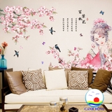 Decal dán tường nghệ thuật cổ trang cô gái giữa vườn đào