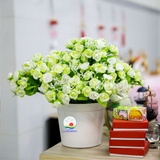 Chậu hoa hồng vải lụa xanh lá mềm mịn để bàn siêu đẹp