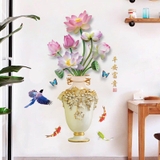 Decal dán tường hoa sen xinh trong bình sứ trang trí phòng sang trọng