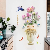 Decal dán tường hoa sen xinh trong bình sứ trang trí phòng sang trọng
