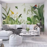 Decal dán tường vườn cây hoa lá chim vẹt đùa vui