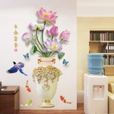 Decal dán tường hoa sen xinh trong bình sứ trang trí phòng sang trọng