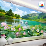 Giấy dán tường hồ sen phong cảnh non nước hữu tình sang trọng in kích thước theo yêu cầu