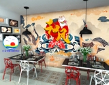 Giấy dán tường trang trí quán 3D họa tiết chim hồng hạc mèo hoan hỷ sống động