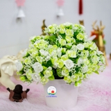 Chậu hoa hồng vải lụa xanh lá mềm mịn để bàn siêu đẹp