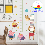 Decal thước đo chiều cao cho trẻ hình hươu, heo, gà ngộ nghĩnh dán tường , kính trang trí trường học