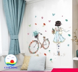 Decal dán tường cô gái dưới hoa đào lãng mạn