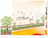 Decal chân tường vườn hoa hươu vàng lãng mạn nhiều màu sắc