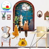 Decal dán tường mèo vui đùa bên cửa sổ trang trí phòng bé yêu