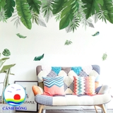 Decal dán tường lá xanh và khung tranh đen trắng combo trang trí lạ mắt