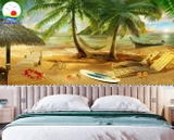 Decal dán tường bãi biển cây dừa trang trí khu nghỉ dưỡng, phòng xanh mát thư giản - in theo size yêu cầu trên nhiều chất liệu - sẵn keo dán dễ