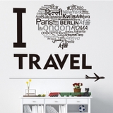 Decal dán tường du lịch chữ I LOVE TRAVEL trái tim nhiều ngôn ngữ sang trọng