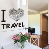 Decal dán tường du lịch chữ I LOVE TRAVEL trái tim nhiều ngôn ngữ sang trọng