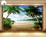 Decal dán tường phong cảnh bãi biển cây dừa xanh mát trang trí homestay, khu nghỉ dưỡng, yoga thư giản - in theo size yêu cầu trên nhiều chất liệu - sẵn keo dán dễ