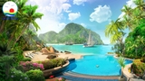 Tranh dán tường hòn đảo rừng dừa xanh bãi biển xanh bình yên, thư giản - in theo size yêu cầu trên nhiều chất liệu - sẵn keo dán dễ