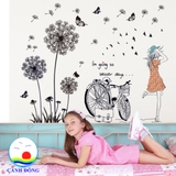 Decal dán tường hoa bồ công anh và cô gái  combo trang trí lãng mạn