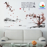Decal dán tường nghệ thuật chim khổng tước và hoa đào nở