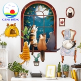 Decal dán tường mèo vui đùa bên cửa sổ trang trí phòng bé yêu