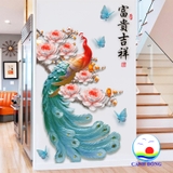 Decal dán tường 3D nghệ thuật bình sen và chim công Khổng Tước
