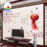 Decal dán tường cổ trang hai cô gái và hoa đào nở rộ
