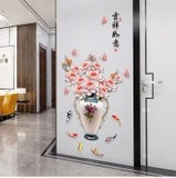 Decal dán tường 3D bình hoa mẫu đơn trắng hồng sang trọng