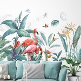 Decal dán tường vườn nhiệt đới chim hồng hạc sống động