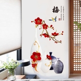 Decal dán tường hoa đào đỏ bình đào trang trọng size lớn chúc tốt lành phú quý