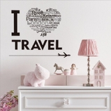 Decal dán tường du lịch chữ I LOVE TRAVEL trái tim nhiều ngôn ngữ sang trọng