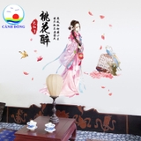 Decal dán tường chim công xanh và cô gái cổ trang