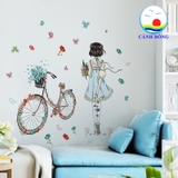 Decal dán tường cô gái dưới hoa đào lãng mạn