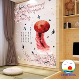 Decal dán tường hoa đào cô gái cổ trang