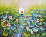Decal dán tường hồ sen bạt ngàn hoa tranh sơn dầu sẵn keo dán dễ dàng, in kích thước theo yêu cầu