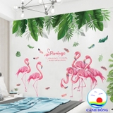 Decal dán tường lá xanh và chim hạc combo trang trí tường nghệ thuật