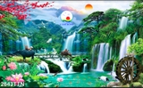 Decal dán tường phong cảnh tranh thác nước sông núi mây trời cây cối xanh mát thư thái - in theo size yêu cầu trên nhiều chất liệu - sẵn keo dán dễ