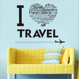 Decal dán tường du lịch chữ I LOVE TRAVEL trái tim nhiều ngôn ngữ sang trọng