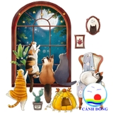 Decal dán tường mèo vui đùa bên cửa sổ trang trí phòng bé yêu