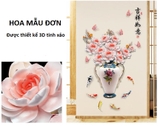 Decal dán tường 3D bình hoa mẫu đơn trắng hồng sang trọng