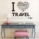 Decal dán tường du lịch chữ I LOVE TRAVEL trái tim nhiều ngôn ngữ sang trọng