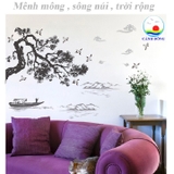 Decal dán tường sơn thủy á đông cành đào nở rộ