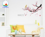 Giấy dán tường hoa đào - chim họa my hót không gian tươi vui sang trọng