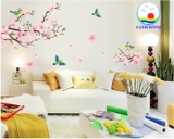 Decal dán tường cô gái dưới hoa đào lãng mạn