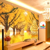 Giấy dán tường 3D phong cảnh rừng cây lá vàng cùng họa tiết thuyền buồm sang trọng