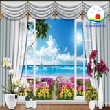 Decal dán tường cửa sổ vườn hoa và bãi biển xinh đẹp mở rộng phòng trang trí sang trọng - in theo size yêu cầu trên nhiều chất liệu - sẵn keo dán dễ