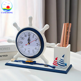 Ống đựng bút gỗ Cảnh Đông – Mô hình thuyền bánh lái, đồng hồ mini – Quà tặng doanh nhân, giáo viên