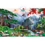 Tranh phong cảnh 3D dán tường thiên nhiên hùng vĩ thác nước núi non mây trời cây xanh yên bình  - in theo size yêu cầu trên nhiều chất liệu - sẵn keo dán dễ