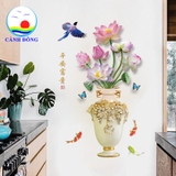 Decal dán tường 3D nghệ thuật bình sen và chim công Khổng Tước