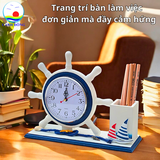 Ống đựng bút gỗ Cảnh Đông – Mô hình thuyền bánh lái, đồng hồ mini – Quà tặng doanh nhân, giáo viên