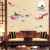 Decal dán tường sơn thủy á đông cành đào nở rộ